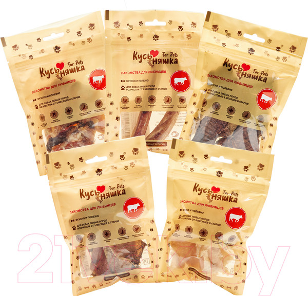 Изображение товара Набор лакомств для собак Кусьняшка Бычий корень/легкое/рубец очищ./рубец неочищ./становая жила