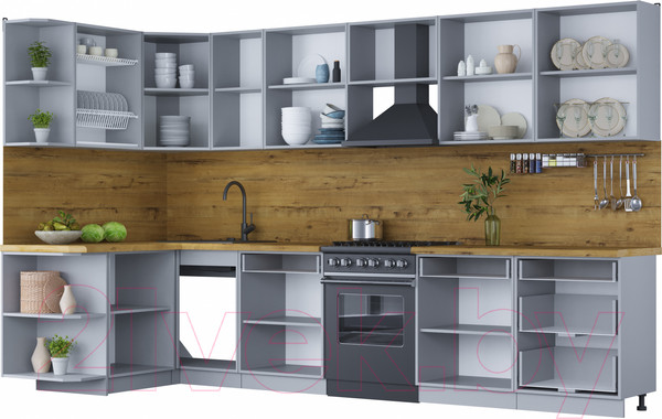 Изображение товара Кухонный гарнитур Интерлиния Мила Шато 1.5x3.4 левая (луна/луна/бискайская сосна)