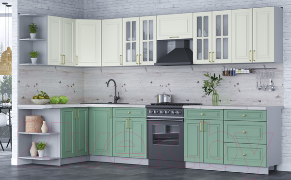 Изображение товара Кухонный гарнитур Интерлиния Мила Шато 1.5x3.4 левая (белый/мята/бискайская сосна)