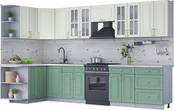 Изображение товара Кухонный гарнитур Интерлиния Мила Шато 1.5x3.4 левая (белый/мята/бискайская сосна)