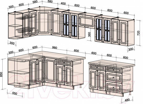 Изображение товара Кухонный гарнитур Интерлиния Мила Шато 1.5x3.4 левая (океан/океан/дуб бунратти)