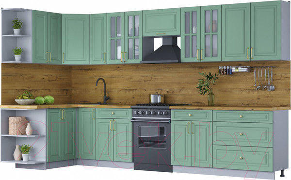Изображение товара Кухонный гарнитур Интерлиния Мила Шато 1.5x3.5 левая (мята/мята/дуб бунратти)