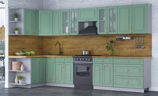 Изображение товара Кухонный гарнитур Интерлиния Мила Шато 1.5x3.5 левая (мята/мята/дуб бунратти)