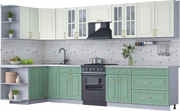 Изображение товара Кухонный гарнитур Интерлиния Мила Шато 1.5x3.5 левая (белый/мята/бискайская сосна)