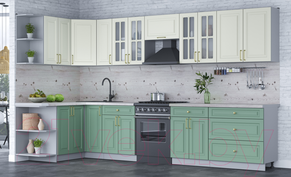 Изображение товара Кухонный гарнитур Интерлиния Мила Шато 1.5x3.5 левая (белый/мята/бискайская сосна)