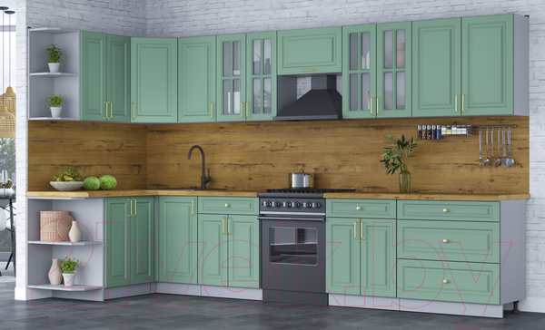 Изображение товара Кухонный гарнитур Интерлиния Мила Шато 1.5x3.6 левая (мята/мята/дуб бунратти)
