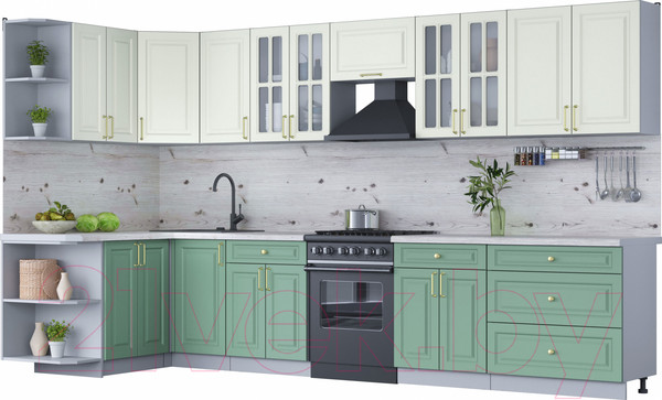 Изображение товара Кухонный гарнитур Интерлиния Мила Шато 1.5x3.6 левая (белый/мята/бискайская сосна)