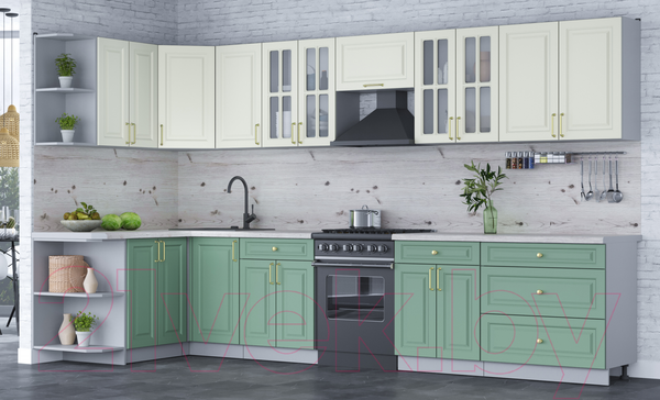 Изображение товара Кухонный гарнитур Интерлиния Мила Шато 1.5x3.6 левая (белый/мята/бискайская сосна)