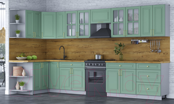 Изображение товара Кухонный гарнитур Интерлиния Мила Шато 1.5x3.7 левая (мята/мята/дуб бунратти)