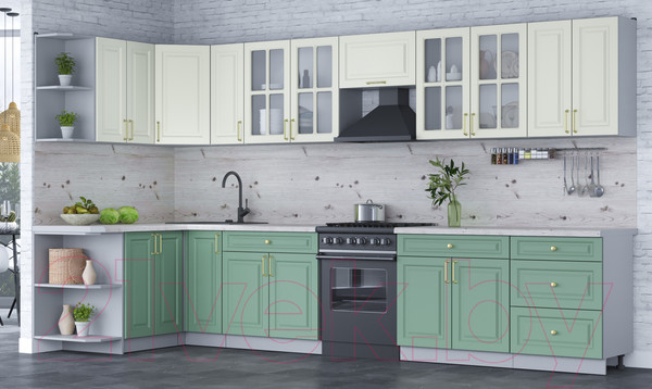 Изображение товара Кухонный гарнитур Интерлиния Мила Шато 1.5x3.7 левая (белый/мята/бискайская сосна)