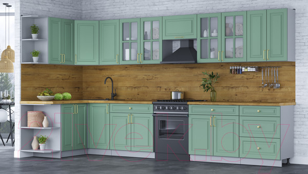 Изображение товара Кухонный гарнитур Интерлиния Мила Шато 1.5x3.8 левая (мята/мята/дуб бунратти)