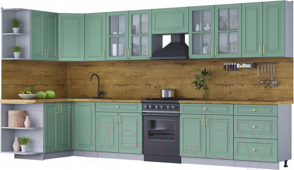 Изображение товара Кухонный гарнитур Интерлиния Мила Шато 1.5x3.8 левая (мята/мята/дуб бунратти)