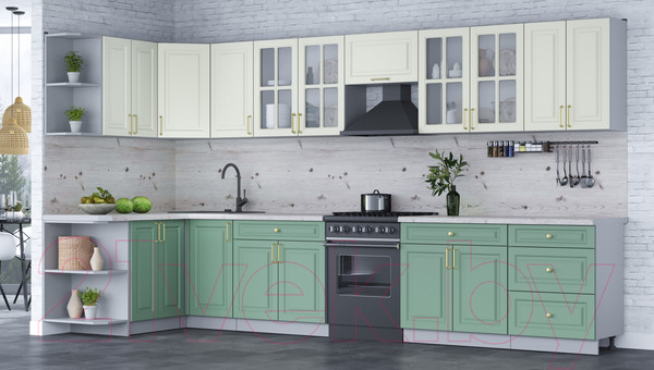 Изображение товара Кухонный гарнитур Интерлиния Мила Шато 1.5x3.8 левая (белый/мята/бискайская сосна)