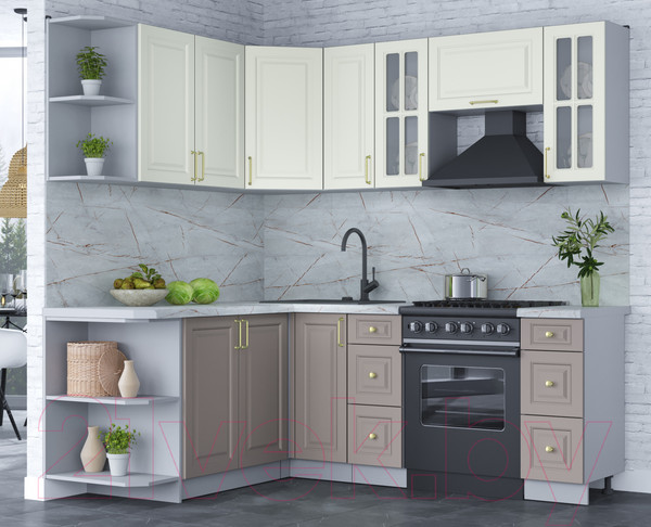 Изображение товара Кухонный гарнитур Интерлиния Мила Шато 1.7x2.1 левая (белый/луна/серый каспий)