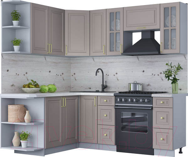 Изображение товара Кухонный гарнитур Интерлиния Мила Шато 1.7x2.1 левая (луна/луна/бискайская сосна)