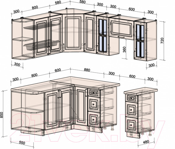 Изображение товара Кухонный гарнитур Интерлиния Мила Шато 1.7x2.1 левая (луна/луна/бискайская сосна)