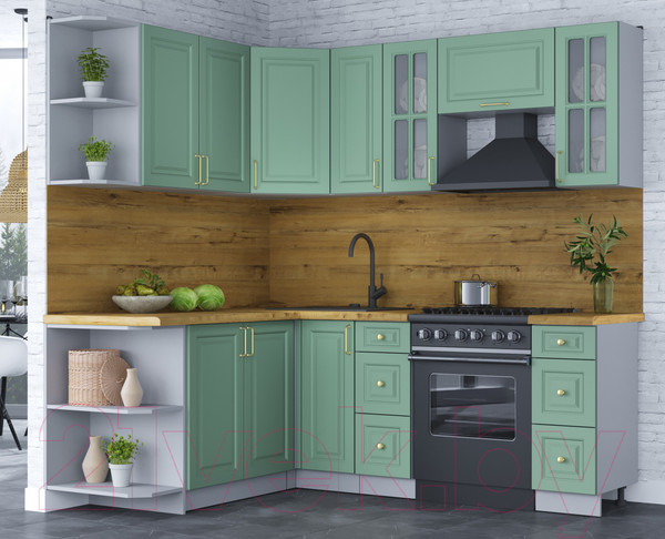Изображение товара Кухонный гарнитур Интерлиния Мила Шато 1.7x2.1 левая (мята/мята/дуб бунратти)