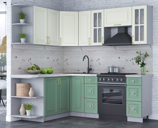 Изображение товара Кухонный гарнитур Интерлиния Мила Шато 1.7x2.1 левая (белый/мята/бискайская сосна)