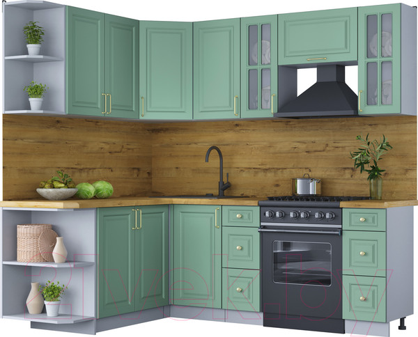 Изображение товара Кухонный гарнитур Интерлиния Мила Шато 1.7x2.2 левая (мята/мята/дуб бунратти)