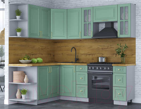 Изображение товара Кухонный гарнитур Интерлиния Мила Шато 1.7x2.2 левая (мята/мята/дуб бунратти)