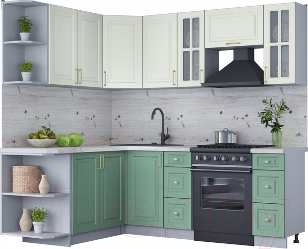 Изображение товара Кухонный гарнитур Интерлиния Мила Шато 1.7x2.2 левая (белый/мята/бискайская сосна)
