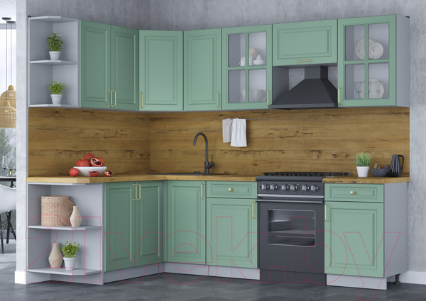 Изображение товара Кухонный гарнитур Интерлиния Мила Шато 1.7x2.6 левая (мята/мята/дуб бунратти)