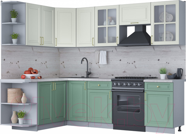 Изображение товара Кухонный гарнитур Интерлиния Мила Шато 1.7x2.6 левая (белый/мята/бискайская сосна)