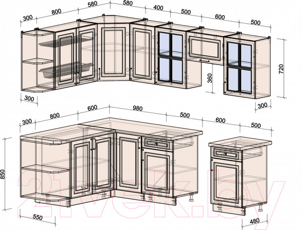 Изображение товара Кухонный гарнитур Интерлиния Мила Шато 1.7x2.6 левая (океан/океан/дуб бунратти)