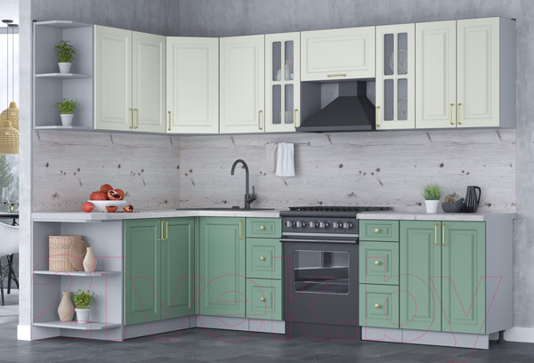 Изображение товара Кухонный гарнитур Интерлиния Мила Шато 1.7x2.8 левая (белый/мята/бискайская сосна)