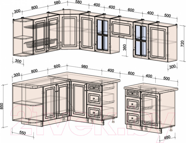 Изображение товара Кухонный гарнитур Интерлиния Мила Шато 1.7x2.9 левая (мята/мята/дуб бунратти)