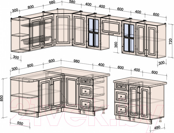 Изображение товара Кухонный гарнитур Интерлиния Мила Шато 1.7x3.0 левая (луна/луна/бискайская сосна)