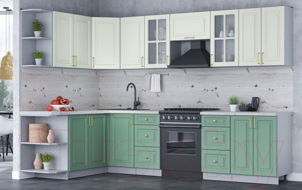 Изображение товара Кухонный гарнитур Интерлиния Мила Шато 1.7x3.0 левая (белый/мята/бискайская сосна)