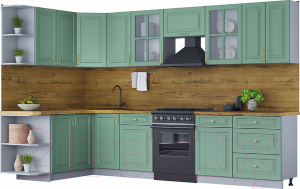 Изображение товара Кухонный гарнитур Интерлиния Мила Шато 1.7x3.2 левая (мята/мята/дуб бунратти)
