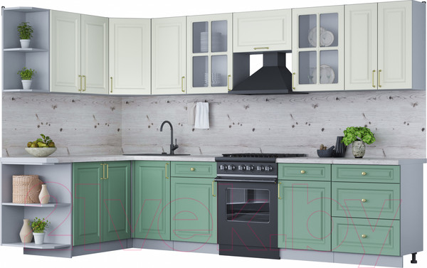 Изображение товара Кухонный гарнитур Интерлиния Мила Шато 1.7x3.2 левая (белый/мята/бискайская сосна)