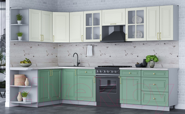 Изображение товара Кухонный гарнитур Интерлиния Мила Шато 1.7x3.2 левая (белый/мята/бискайская сосна)