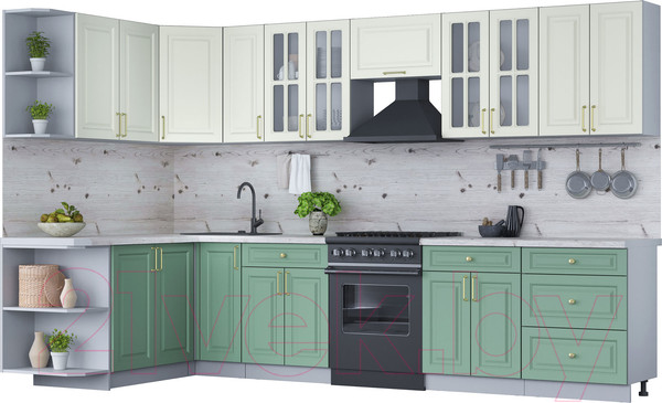 Изображение товара Кухонный гарнитур Интерлиния Мила Шато 1.7x3.3 левая (белый/мята/бискайская сосна)
