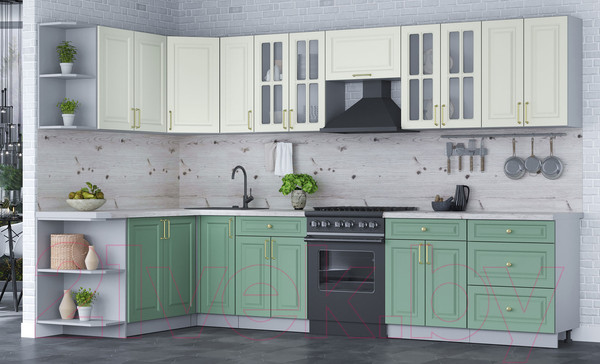 Изображение товара Кухонный гарнитур Интерлиния Мила Шато 1.7x3.3 левая (белый/мята/бискайская сосна)