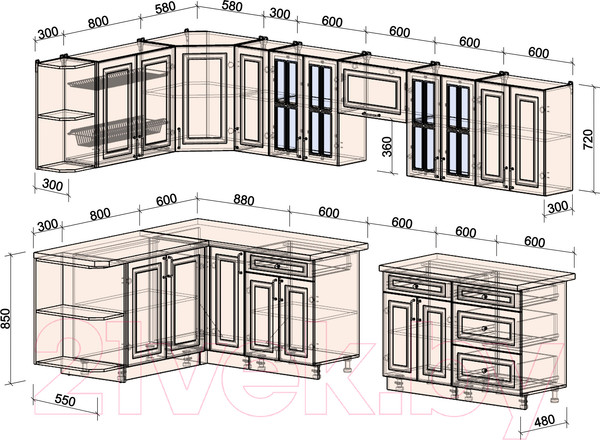 Изображение товара Кухонный гарнитур Интерлиния Мила Шато 1.7x3.3 левая (океан/океан/дуб бунратти)