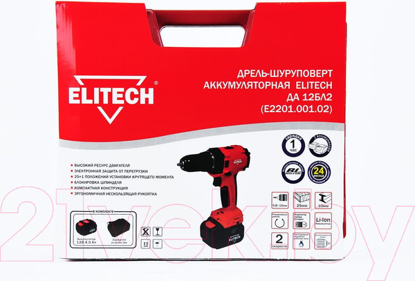 Изображение товара Аккумуляторная дрель-шуруповерт Elitech ДА 12БЛ2 (Е2201.001.02)