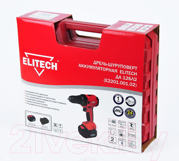 Изображение товара Аккумуляторная дрель-шуруповерт Elitech ДА 12БЛ2 (Е2201.001.02)