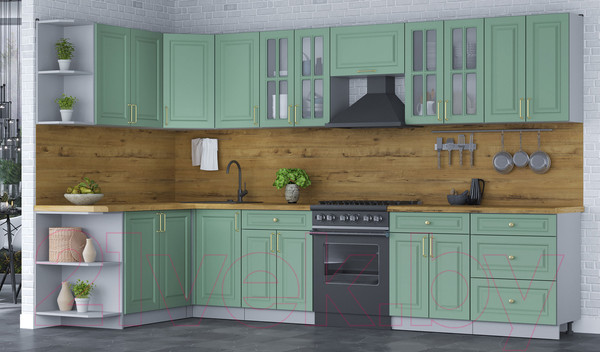 Изображение товара Кухонный гарнитур Интерлиния Мила Шато 1.7x3.4 левая (мята/мята/дуб бунратти)