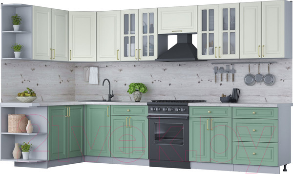 Изображение товара Кухонный гарнитур Интерлиния Мила Шато 1.7x3.4 левая (белый/мята/бискайская сосна)