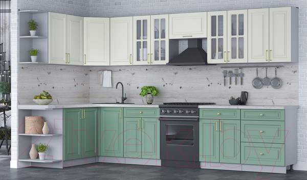 Изображение товара Кухонный гарнитур Интерлиния Мила Шато 1.7x3.4 левая (белый/мята/бискайская сосна)