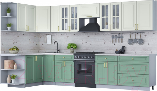 Изображение товара Кухонный гарнитур Интерлиния Мила Шато 1.7x3.5 левая (белый/мята/бискайская сосна)