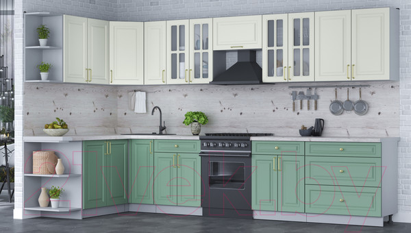 Изображение товара Кухонный гарнитур Интерлиния Мила Шато 1.7x3.5 левая (белый/мята/бискайская сосна)