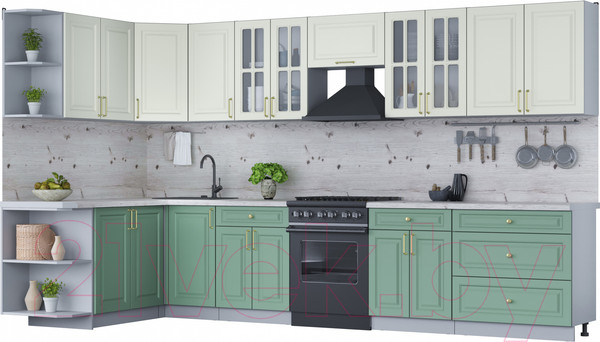 Изображение товара Кухонный гарнитур Интерлиния Мила Шато 1.7x3.6 левая (белый/мята/бискайская сосна)