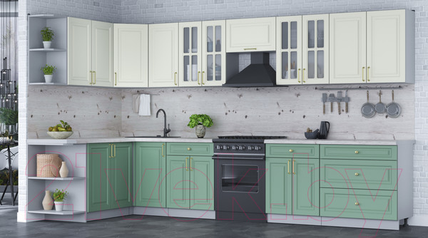 Изображение товара Кухонный гарнитур Интерлиния Мила Шато 1.7x3.6 левая (белый/мята/бискайская сосна)