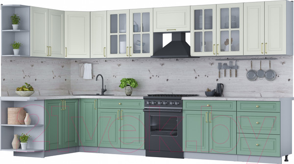 Изображение товара Кухонный гарнитур Интерлиния Мила Шато 1.7x3.7 левая (белый/мята/бискайская сосна)