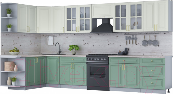 Изображение товара Кухонный гарнитур Интерлиния Мила Шато 1.7x3.8 левая (белый/мята/бискайская сосна)
