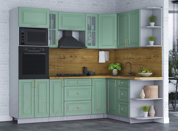 Изображение товара Кухонный гарнитур Интерлиния Мила Шато 1.68x2.4 ВТ правая (мята/мята/дуб бунратти)